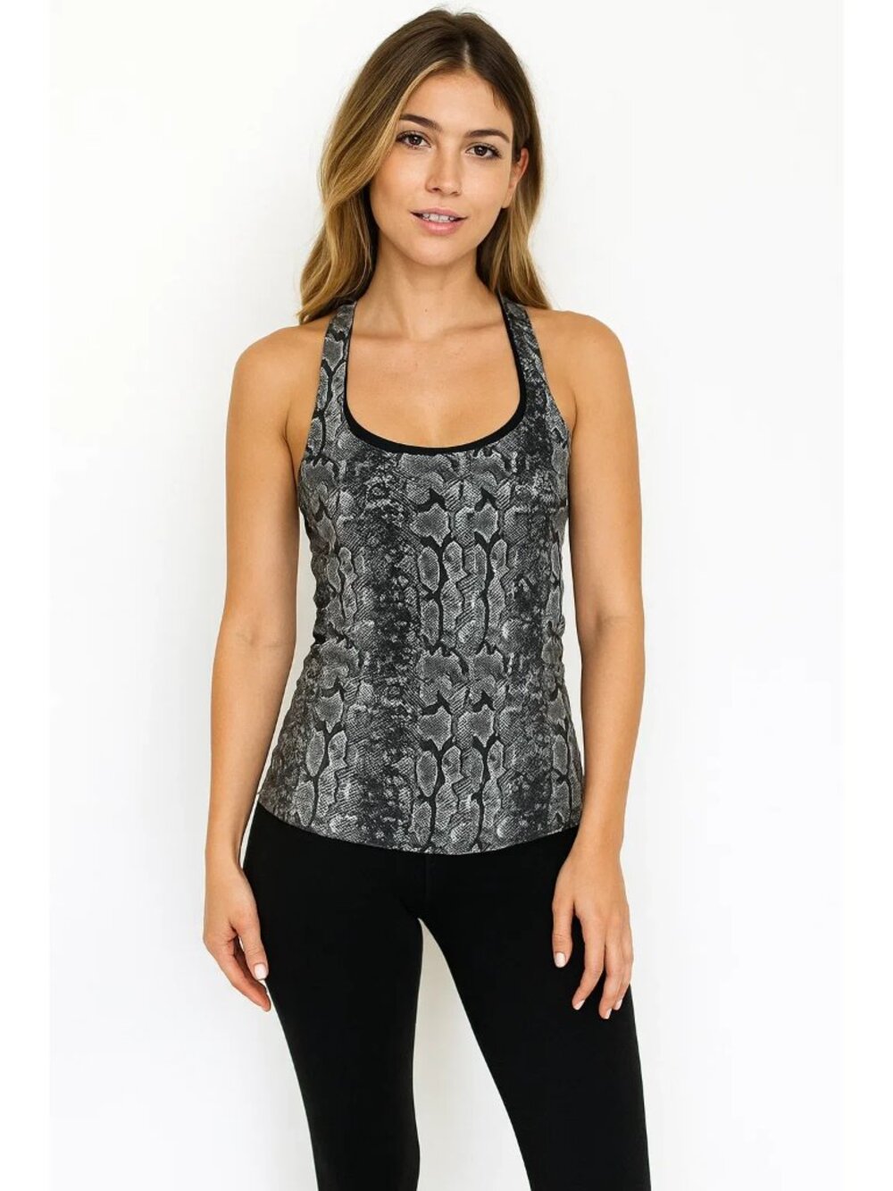 Gigi C Sport Snake Python Print Racerback Bra Tank Top XL Black White Gray NWT